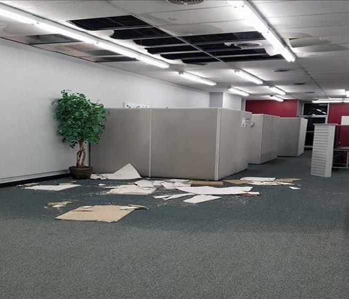 storm damaged ceiling tiles, flood water covered carpet flooring