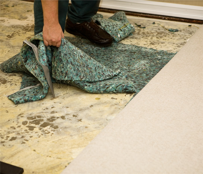 a worker pulling up a waterlogged carpet from the floors