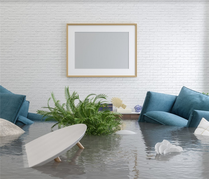 flooded living room with floating furniture